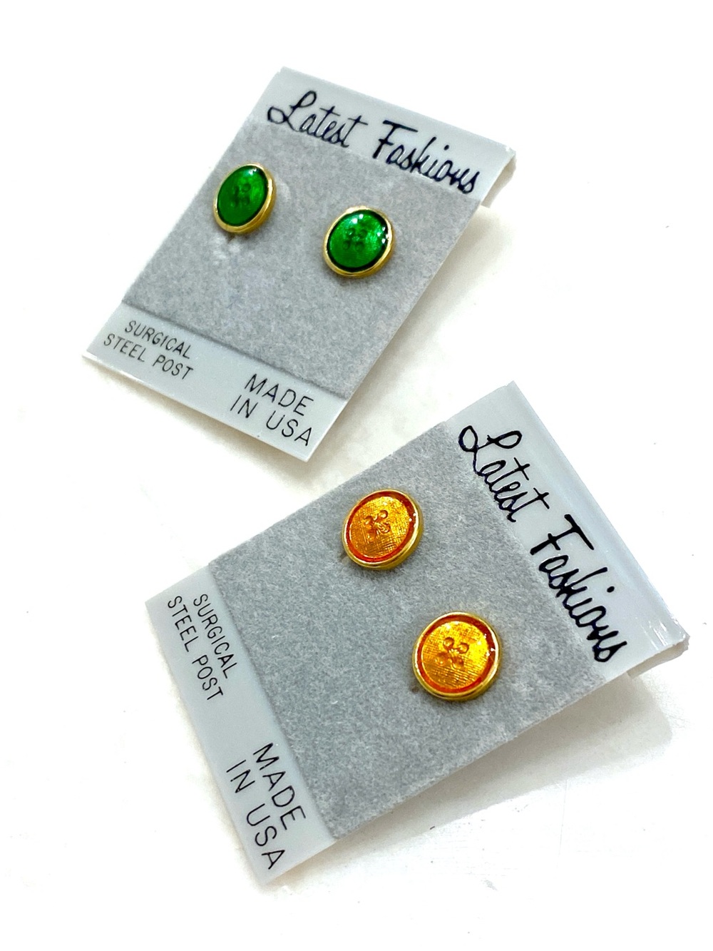 NWT Vintage Glitter Button Stud Earrings Set | Green Orange Cabochon - Picture 4 of 6